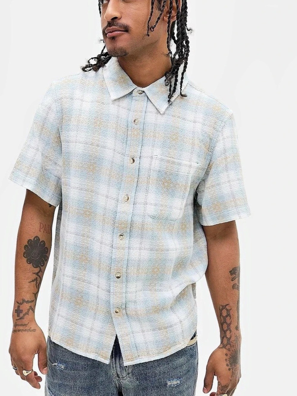 BDG Plaid Textured Weave Short Sleeve Shirt  Blue & White